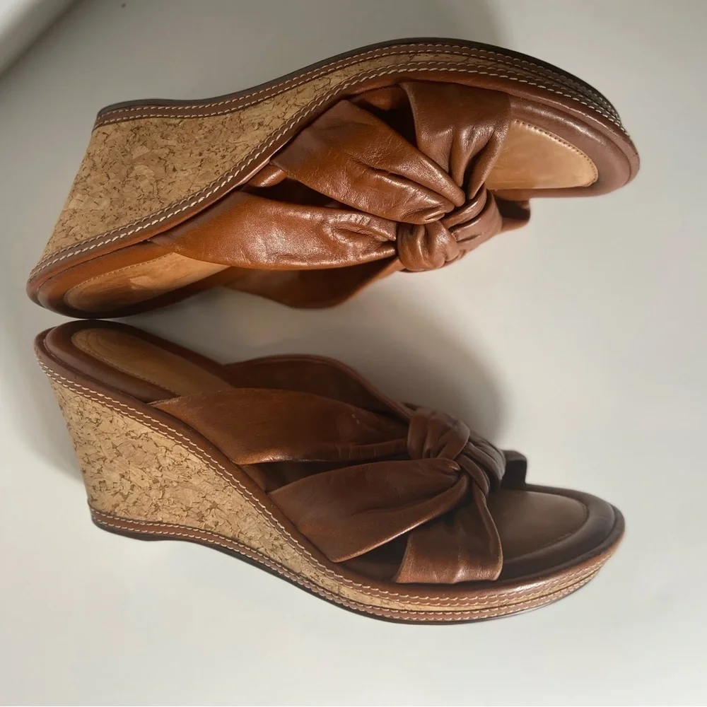 Nurture~Cognac~Leather~Knotted/Trim Design~Cork Wedge~Platform Sandal~Size 7.5